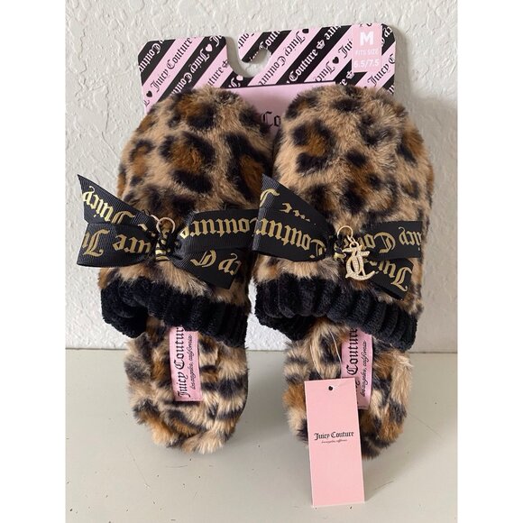 Juicy Couture KAWAKI Faux Fur LEOPARD Slip On Slippers Charm Women’s M 6.5/7.5 - Picture 1 of 11